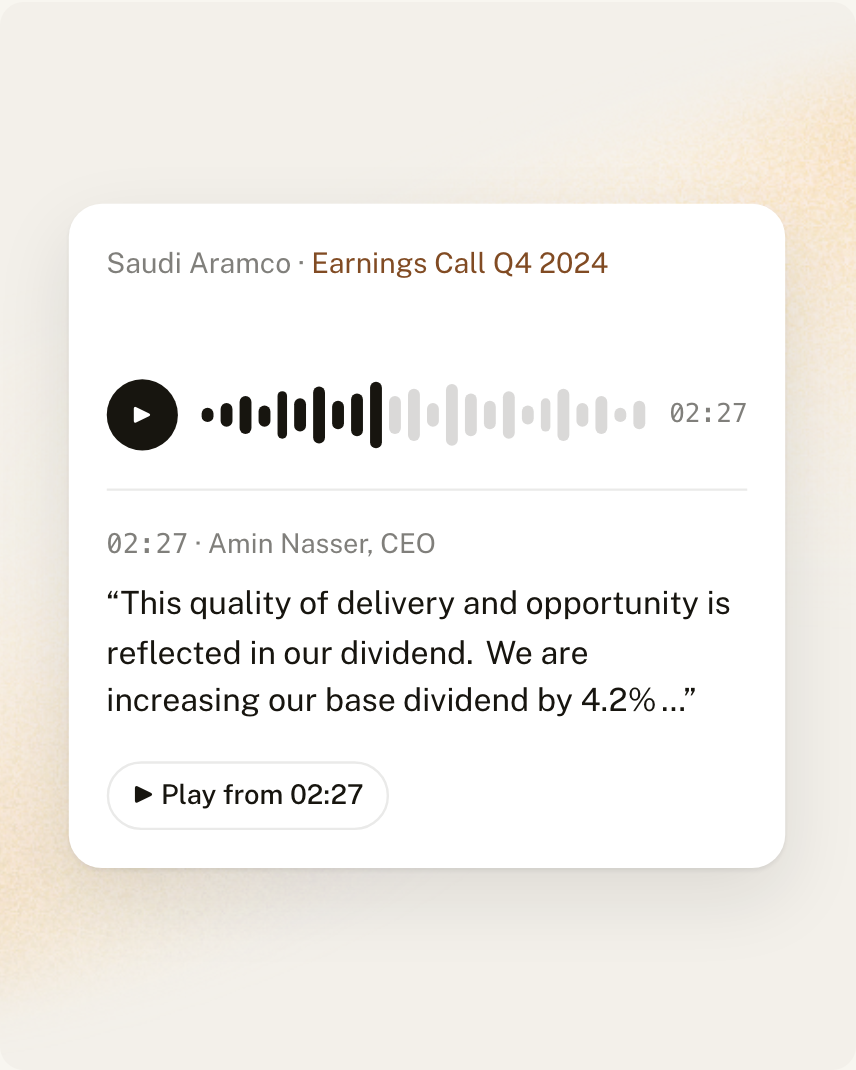 Saudi Aramco Q4 2024 earnings call at 02:27, where CEO Amin Nasser announces a 4.2% increase in the base dividend.