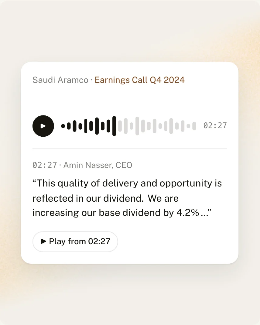 Saudi Aramco Q4 2024 earnings call at 02:27: CEO Amin Nasser says the company is increasing its base dividend by 4.2%, with a button to play from that moment.