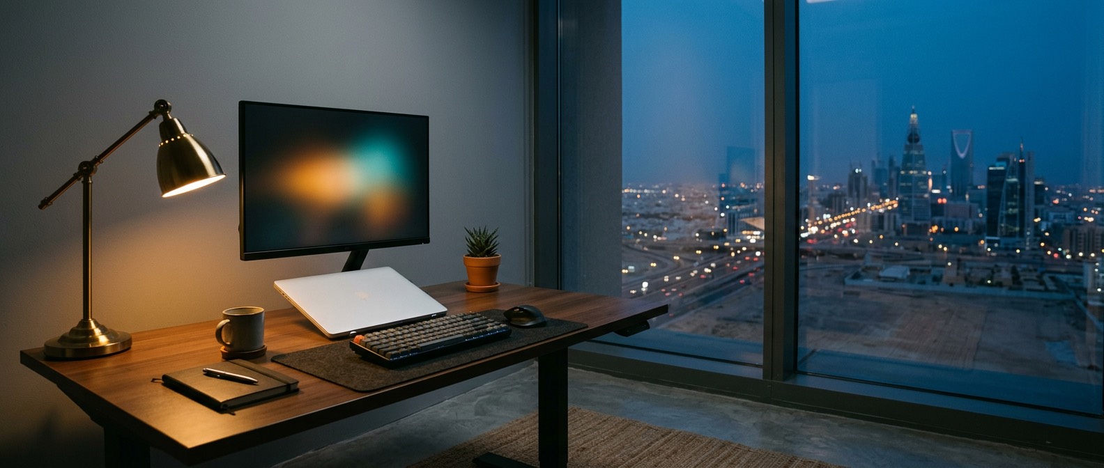 A quiet engineering desk at dusk, with the Riyadh skyline lighting up through the window.
