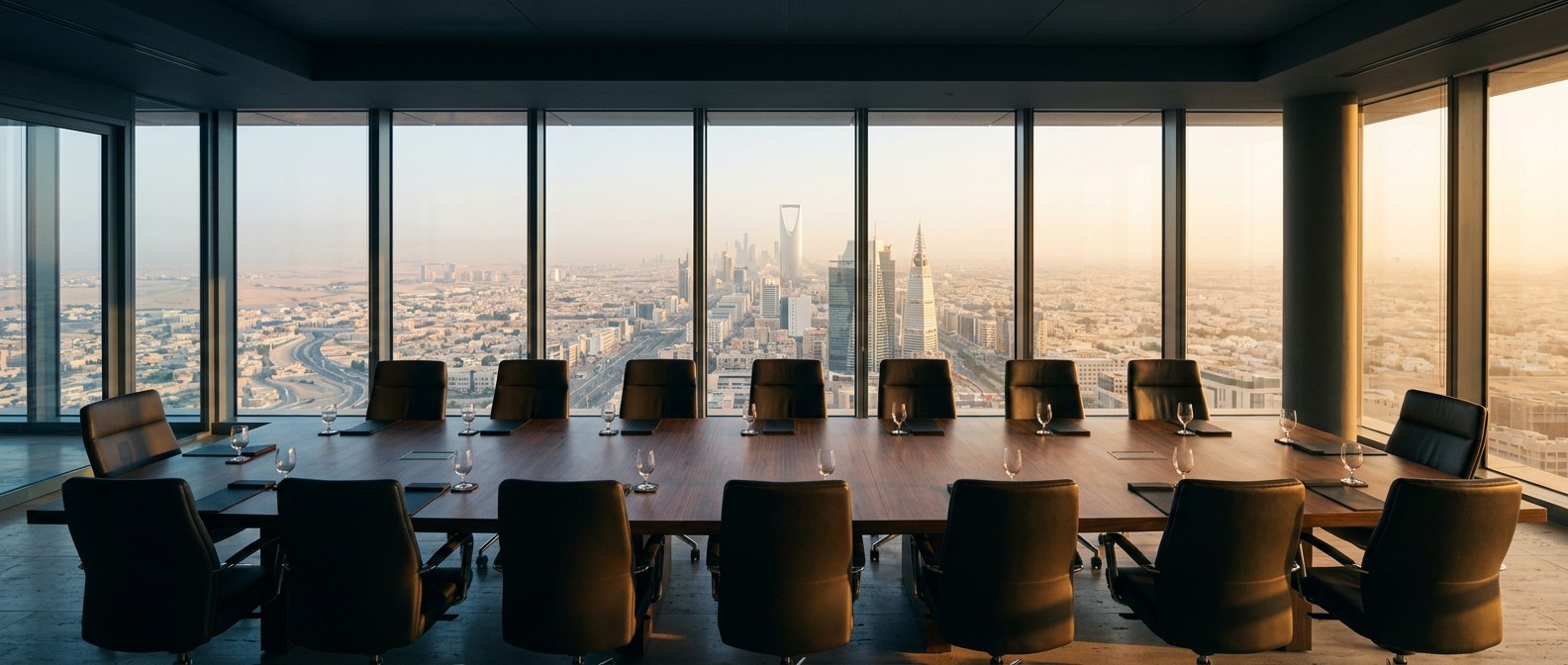 An empty investment committee room high above Riyadh in early morning light.