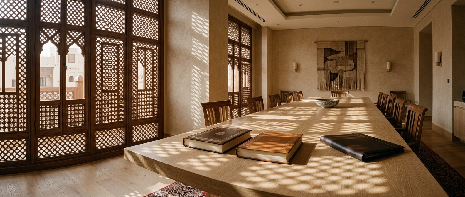 Deal books on a long table in a Riyadh meeting room, under the lattice shadow of a mashrabiya.