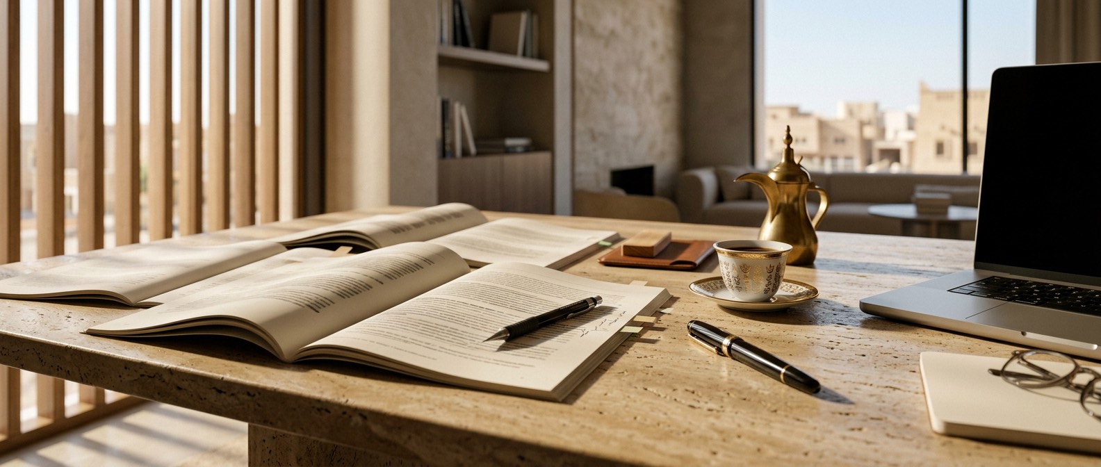 Open annual reports, a pen and Arabic coffee on a stone desk in morning light.