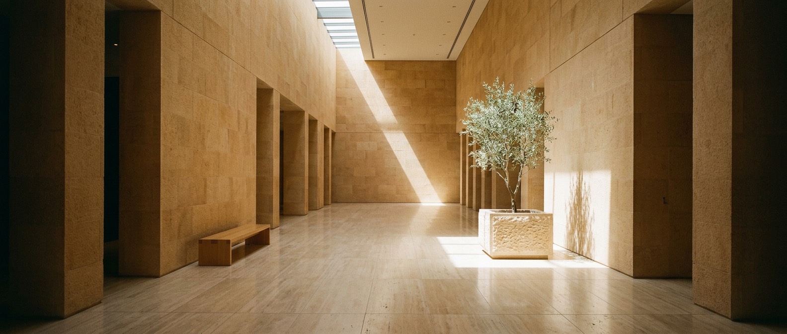 The sunlit sandstone atrium of a corporate headquarters in Riyadh.