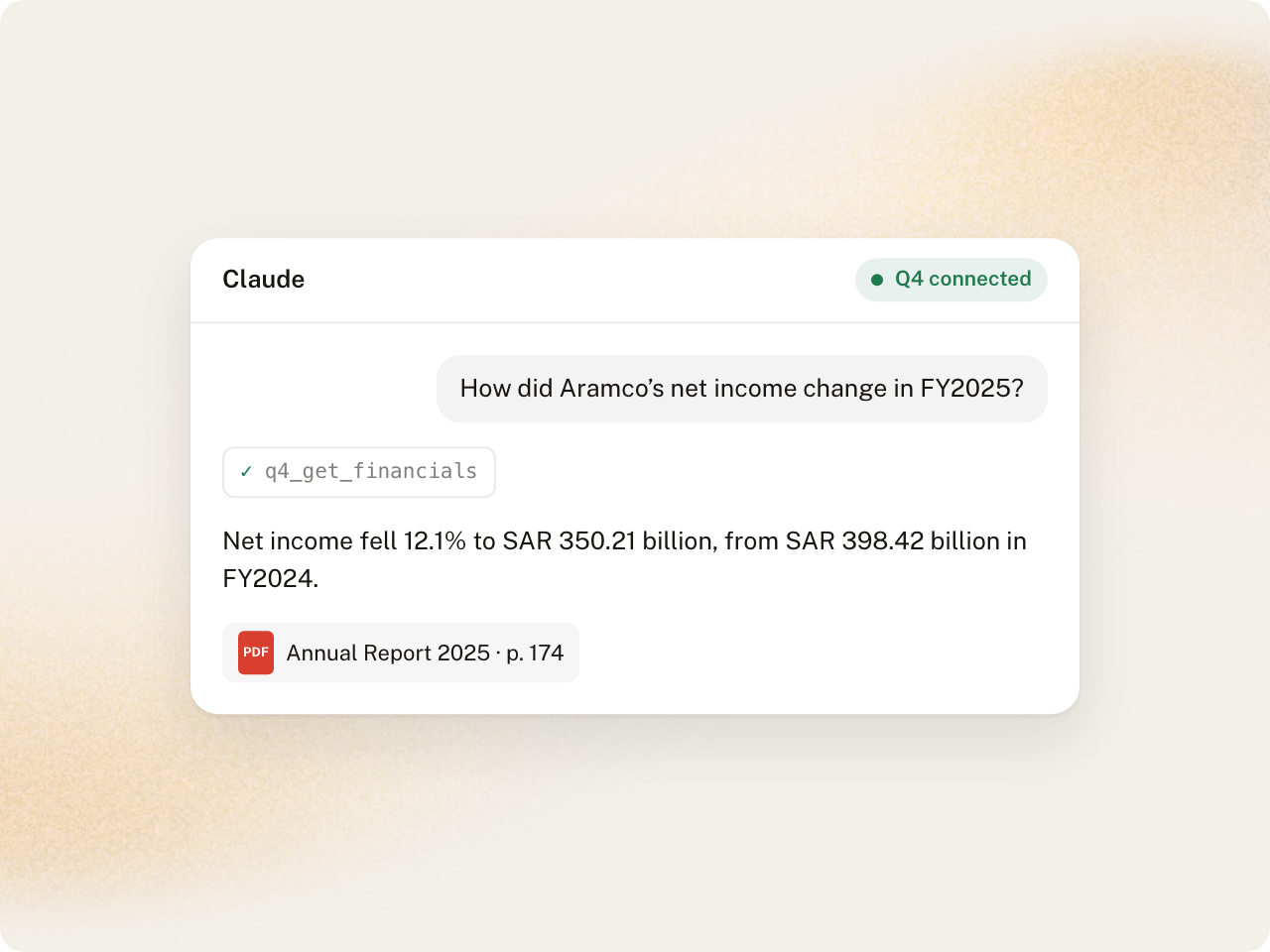 Claude, connected to Q4, answering a question about Saudi Aramco’s net income with the q4_get_financials tool and a citation to page 174.